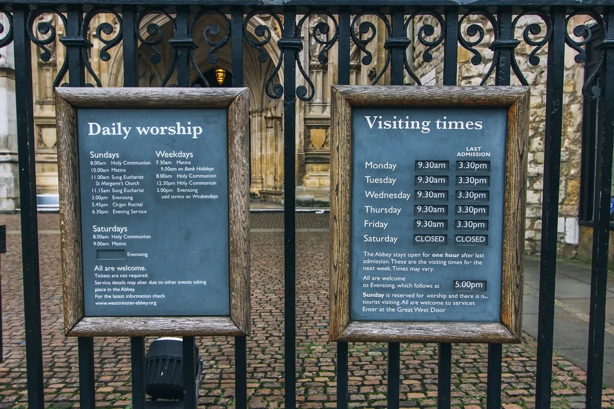 Horaires d'ouverture de l'abbaye de Westminster