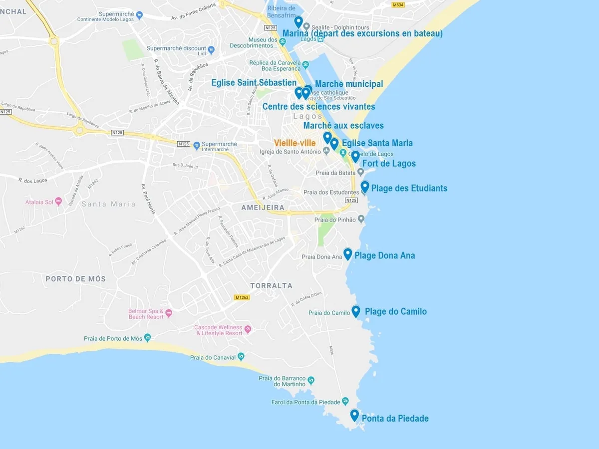Carte des points d'intérêt pour visiter Lagos et ses alentours