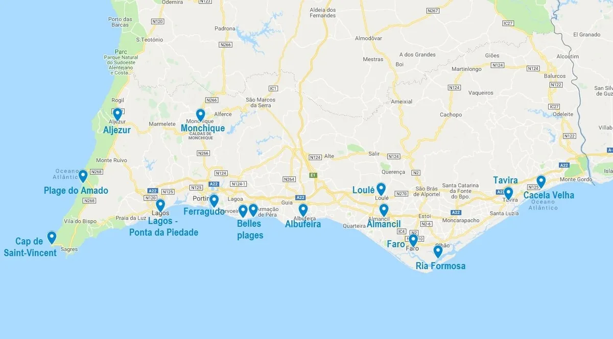 Carte de points d'intérêt en Algarve