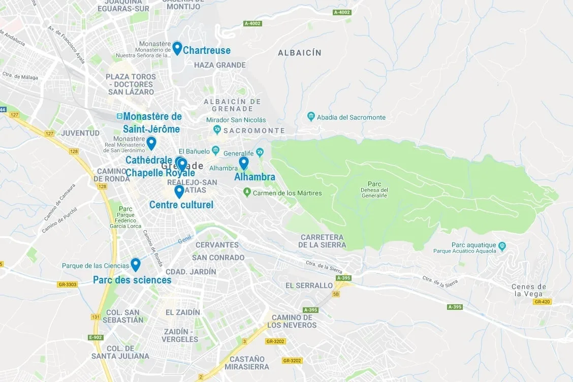 Carte des points d'intérêt à Grenade compris dans le pass