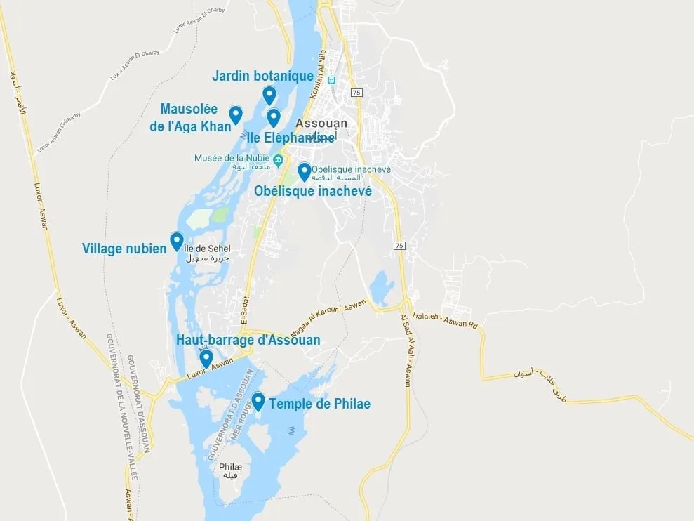 Carte de points d'intérêt à voir et visiter à Assouan