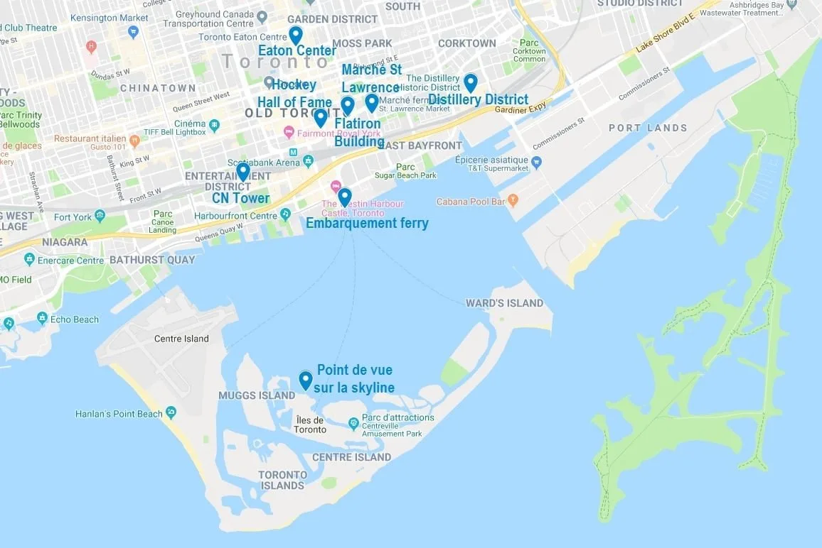 Carte de points d'intérêt pour visiter Toronto