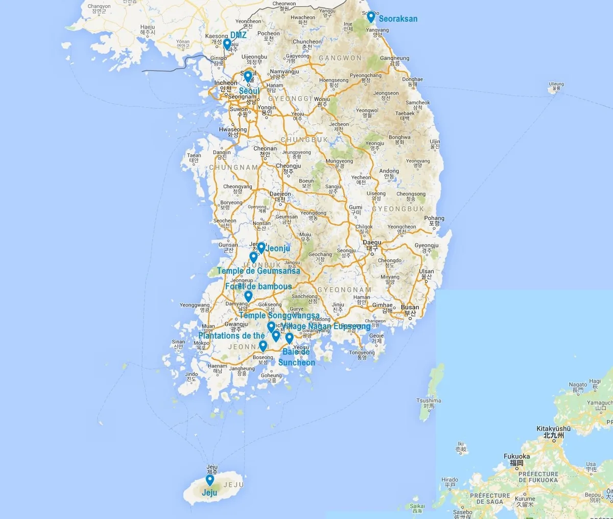 Carte de points d'intérêt en Corée du sud