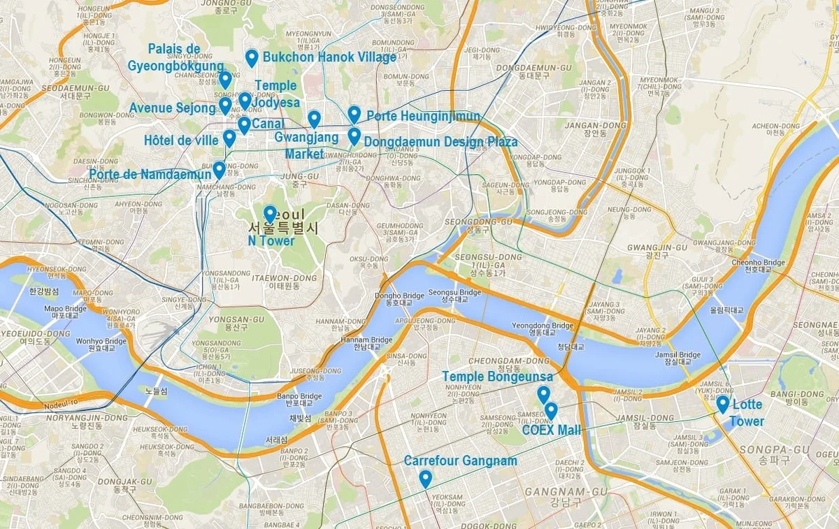 Carte de points d'intérêt pour visiter Séoul