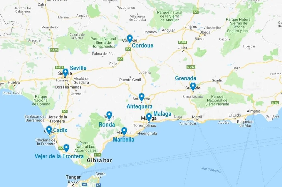 Carte de principales villes en Andalousie