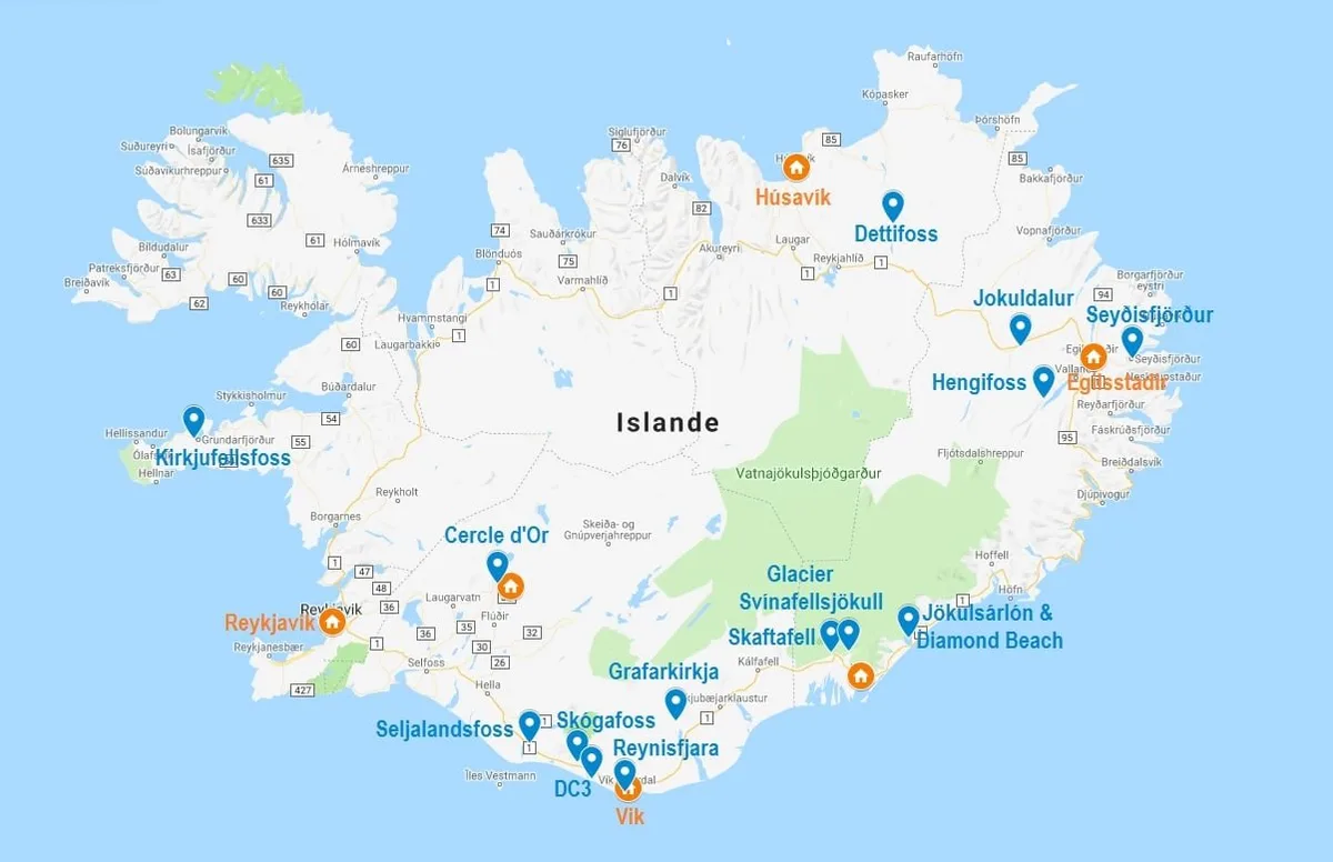 Carte de points d'intérêt pour savoir où dormir en Islande