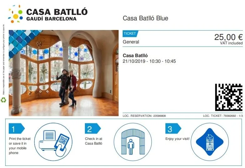 Billet d'entrée pour la visite de la Casa Batllo de Barcelone