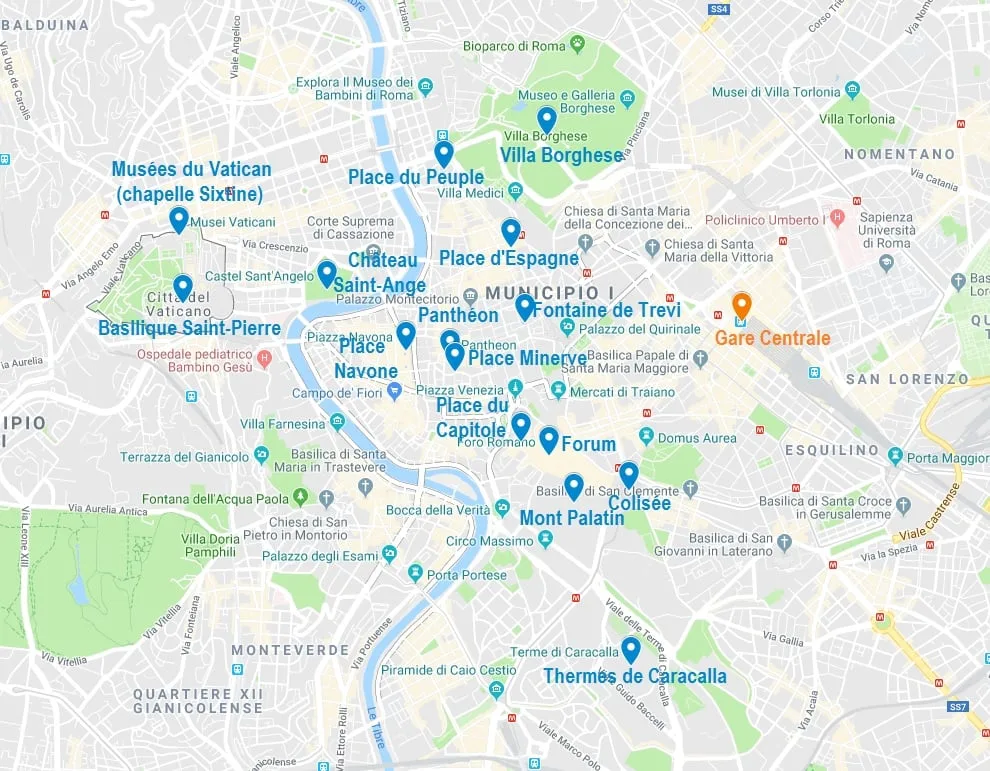 Carte de points d'intérêt pour visiter Rome en 4 jours