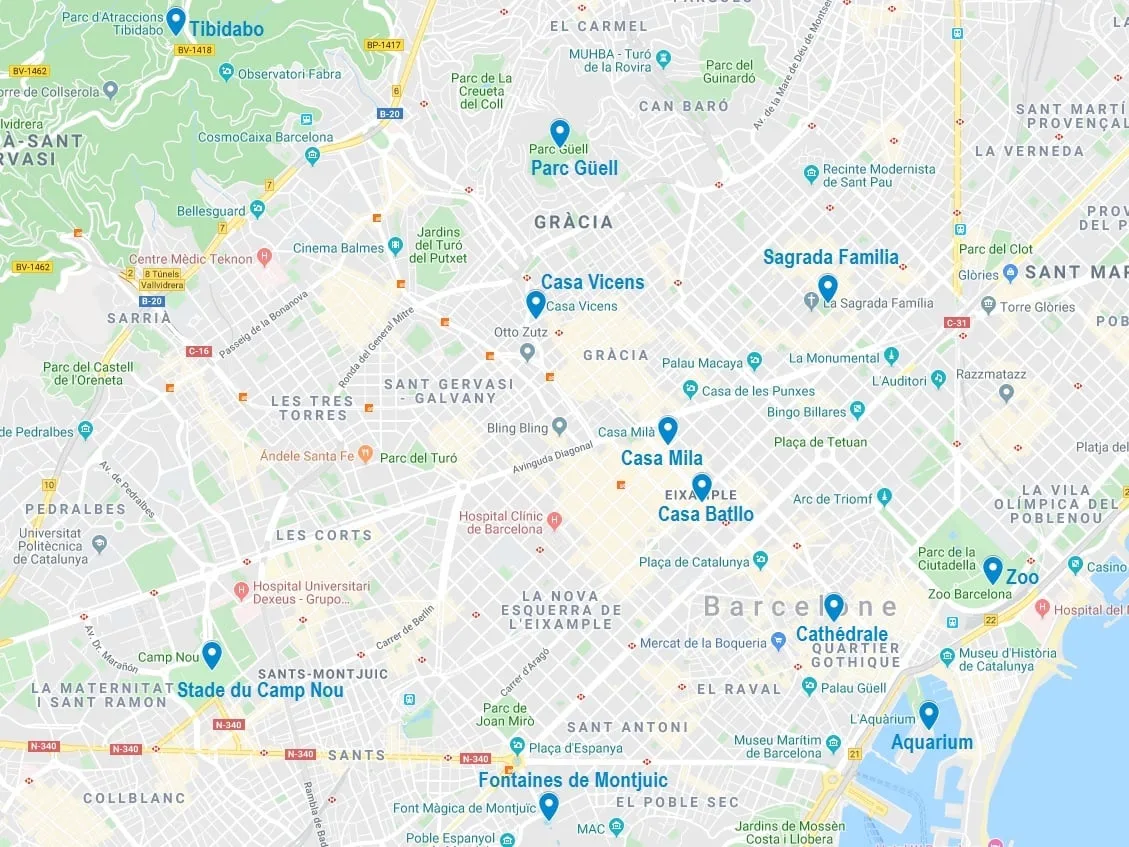 Carte de points d'intérêt pour une visite de Barcelone en famille