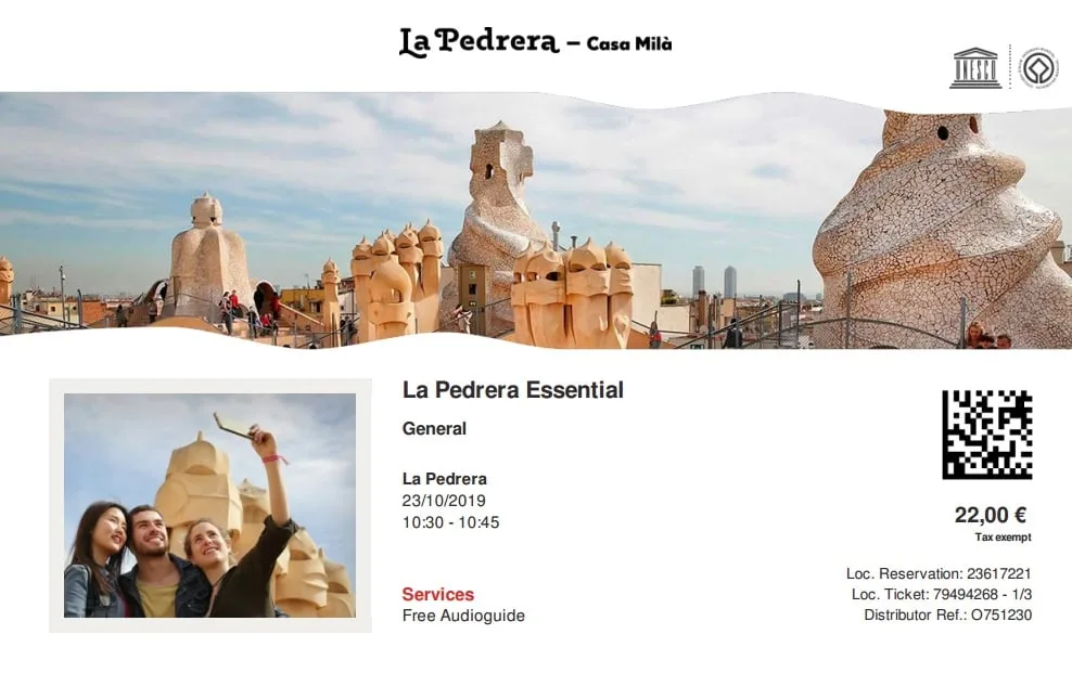 Billet de la visite de la Casa Mila