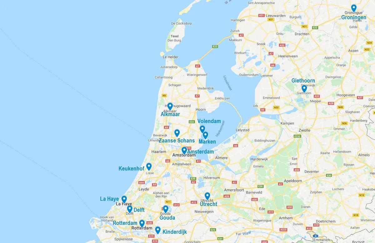 Carte de points d'intérêt à visiter aux Pays-Bas