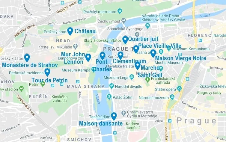 Carte de points d'intérêt pour visiter Prague en 3 jours