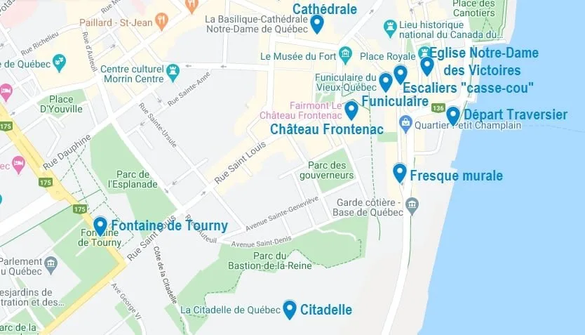 Carte de points d'intérêt pour visiter Québec