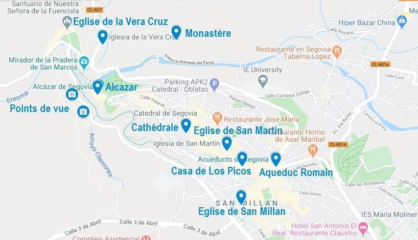 Points d'intérêt sur une carte pour visiter Ségovie