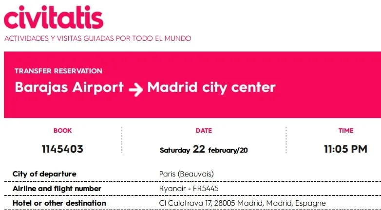 Exemple de réservation d'un chauffeur privé à l'aéroport de Madrid