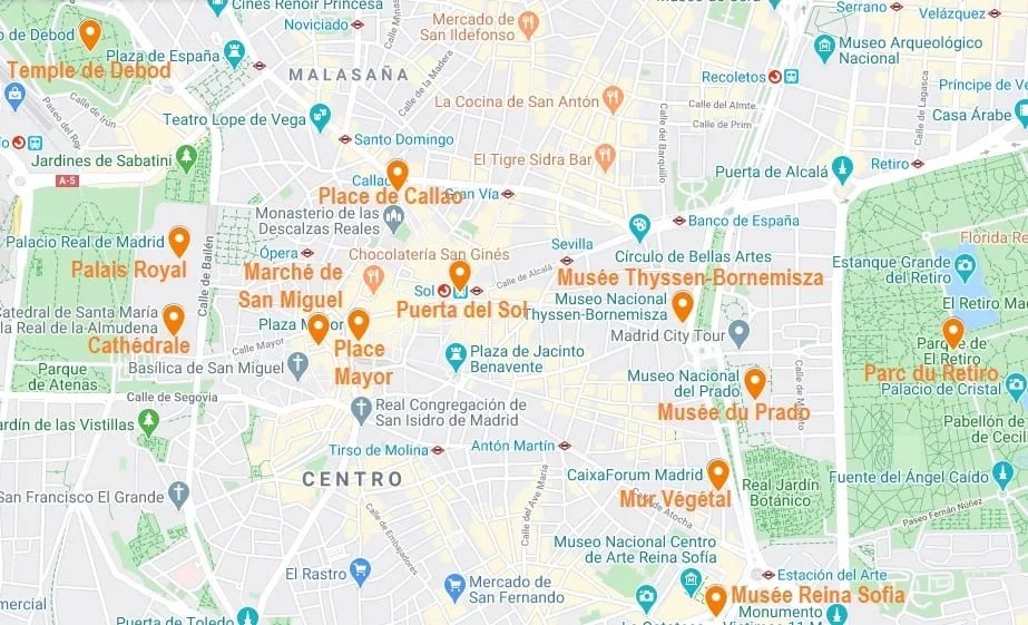 Carte de points d'intérêt pour visiter Madrid