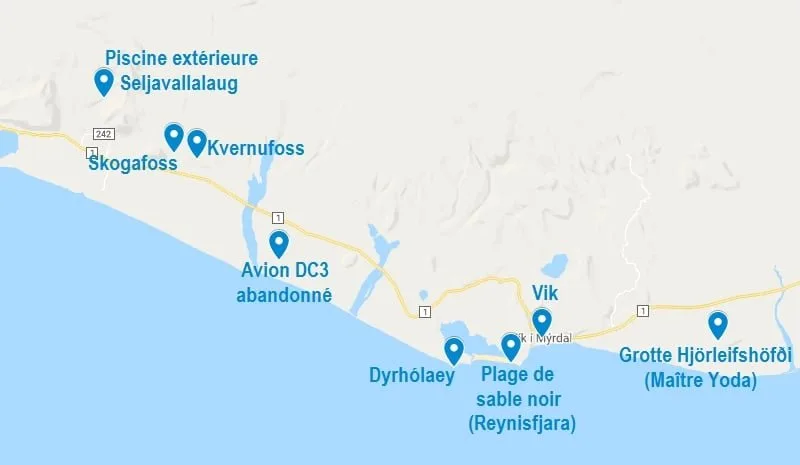 Carte de points d'intérêt à Vik et ses alentours