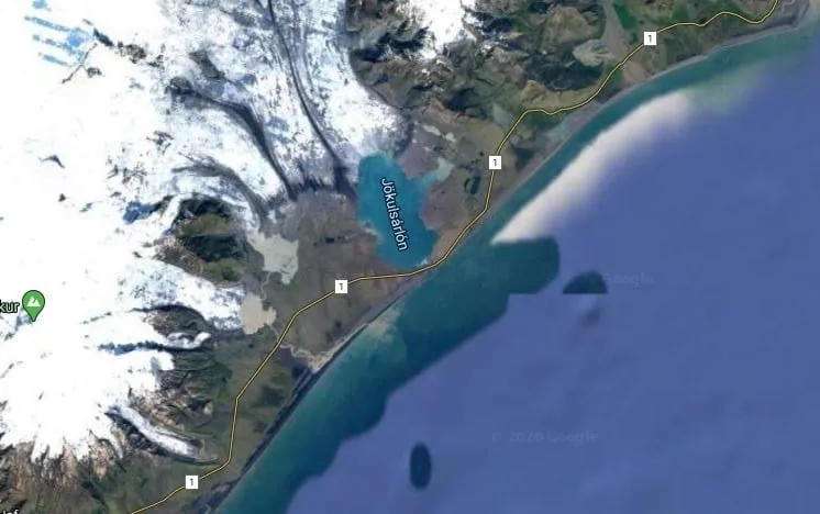 Le lagon de Jokulsarlon en vue satellite