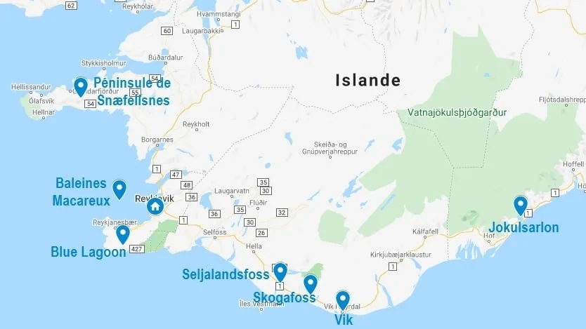 Carte d'excursions au départ de Reykjavik