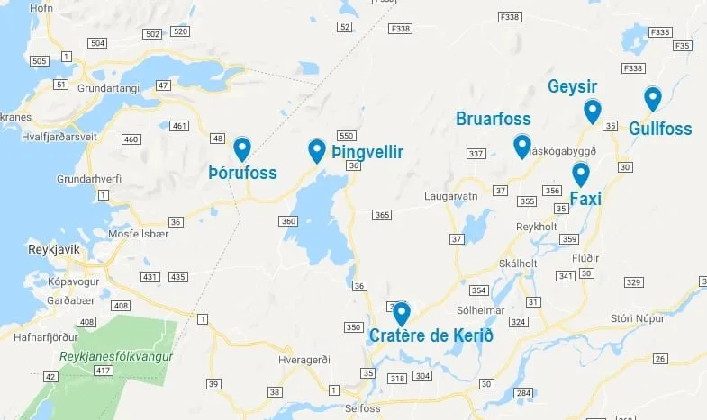 Carte de points d'intérêt du cercle d'or en Islande