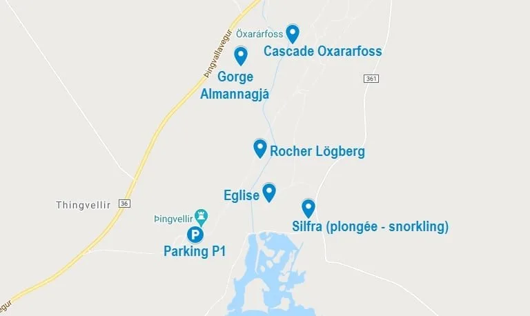 Carte des principaux points d'intérêt à Thingvellir en Islande