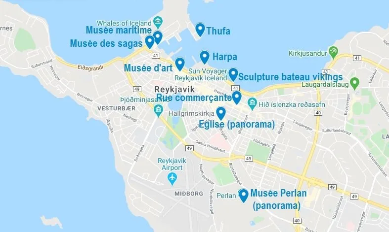 Carte de points d'intérêt à visiter à Reykjavik