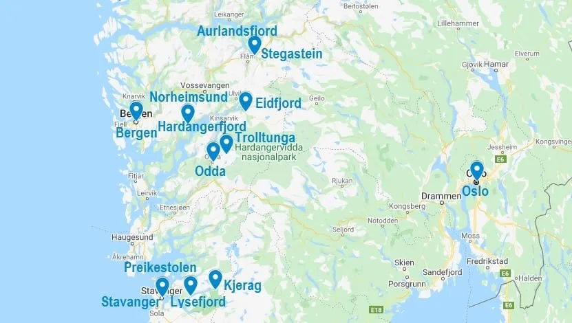 Carte de fjords de Norvège