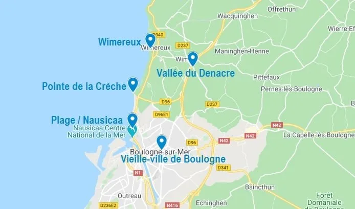 Carte de points d'intérêt dans les alentours de Boulogne sur Mer