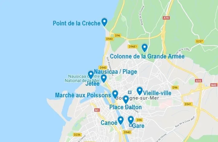 Carte de points d'intérêt à visiter à Boulogne sur Mer