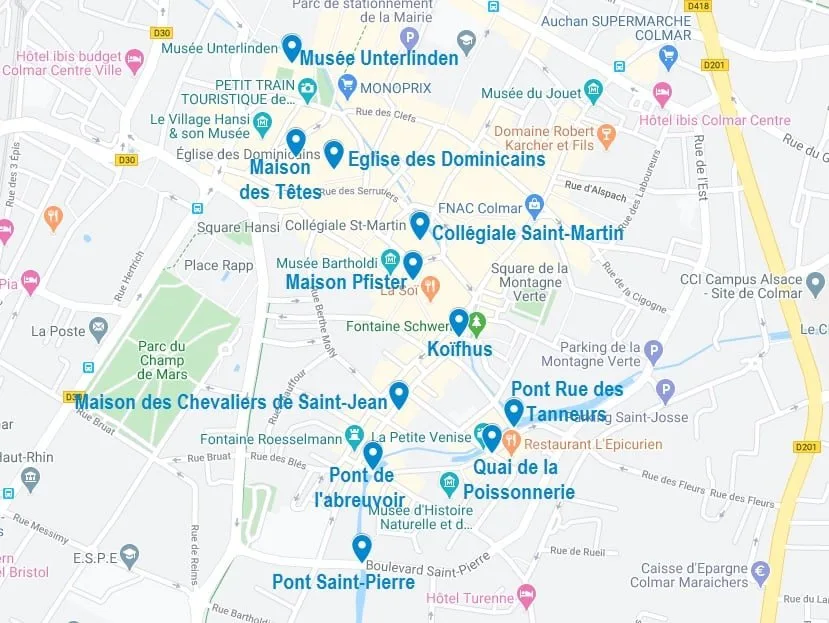 Carte de points d'intérêt pour visiter Colmar