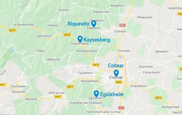 Carte de villages à visiter dans les alentours de Colmar