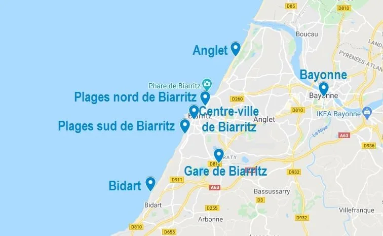 Carte des lieux pour les Airbnb à Biarritz et ses alentours