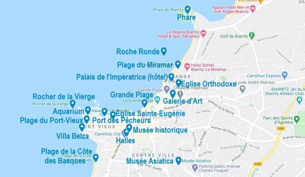 Carte de points d'intérêt pour visiter Biarritz