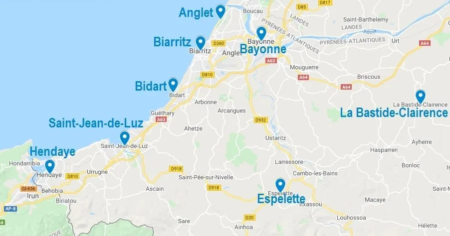 Carte de lieux où dormir au Pays Basque