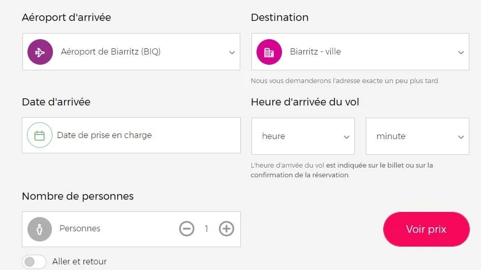 Interface de réservation d'un chauffeur à l'aéroport de Biarritz