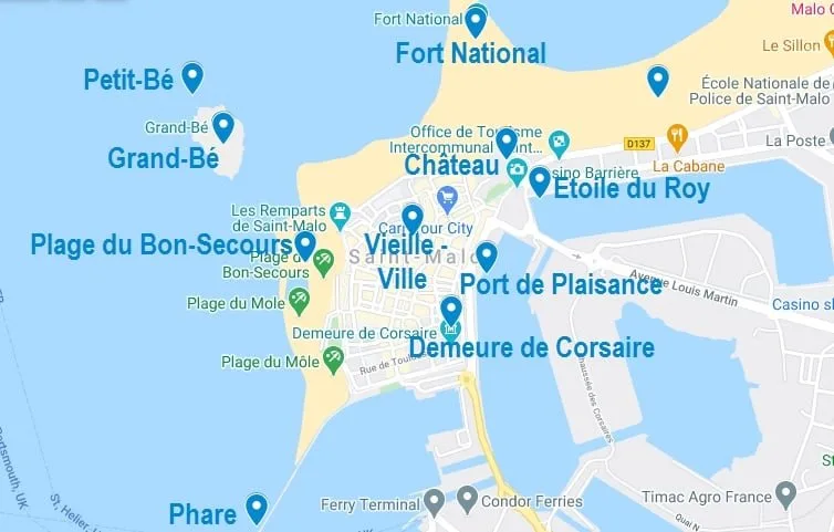 Carte de points d'intérêt à visiter à Saint-Malo