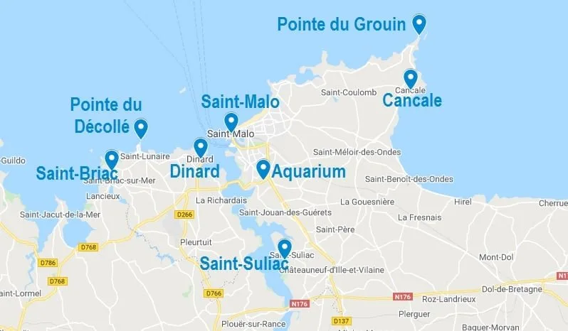 Carte de points d'intérêt à visiter dans les alentours de Saint-Malo
