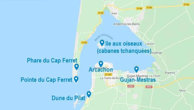 Carte de points d'intérêt pour visiter Arcachon et ses alentours