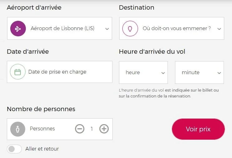 Interface de réservation d'un transport privé à l'aéroport de Lisbonne