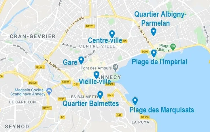 Carte de quartiers où choisir son Airbnb à Annecy