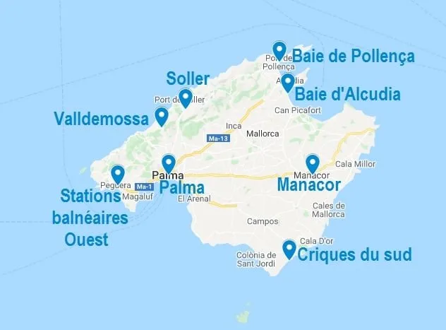 Carte de localisations pour choisir son Airbnb à Majorque