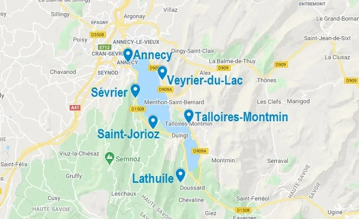 Carte de lieux où dormir autour du lac d'Annecy