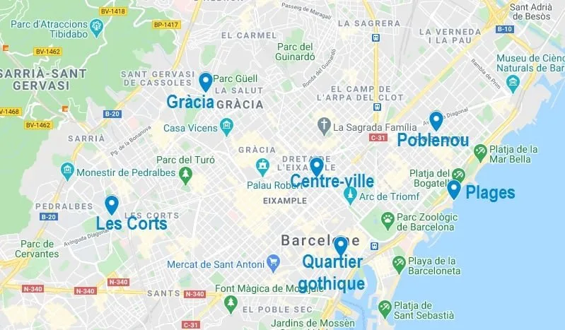 Carte de quartiers où dormir à Barcelone