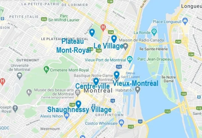 Carte de quartiers où choisir son Airbnb à Montréal