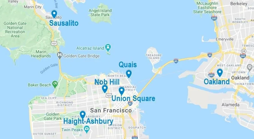 Carte de quartiers où choisir un Airbnb à San Francisco