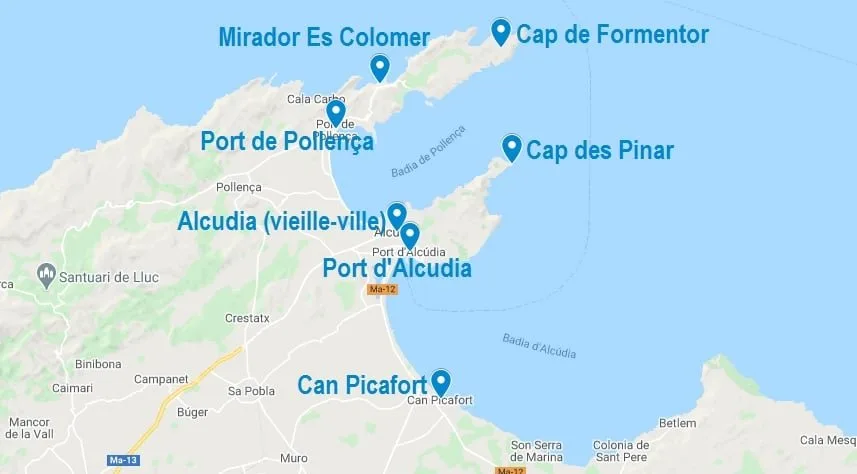 Carte de points d'intérêt dans la baie d'Alcudia et ses alentours