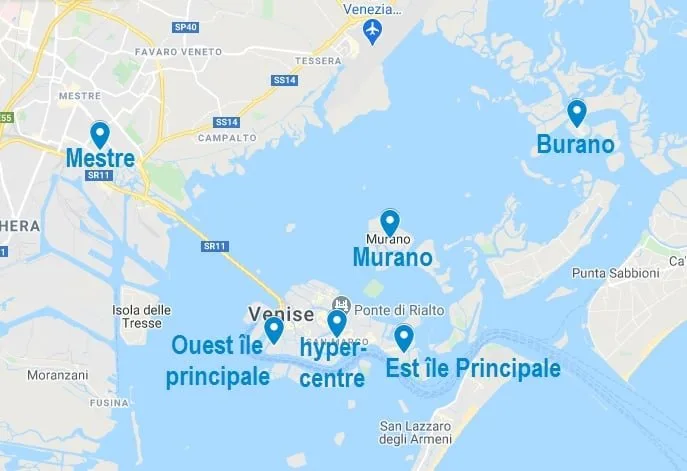 Carte de quartiers où dormir à Venise