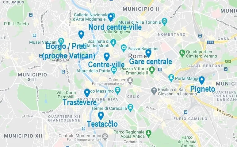Carte de quartiers où dormir à Rome