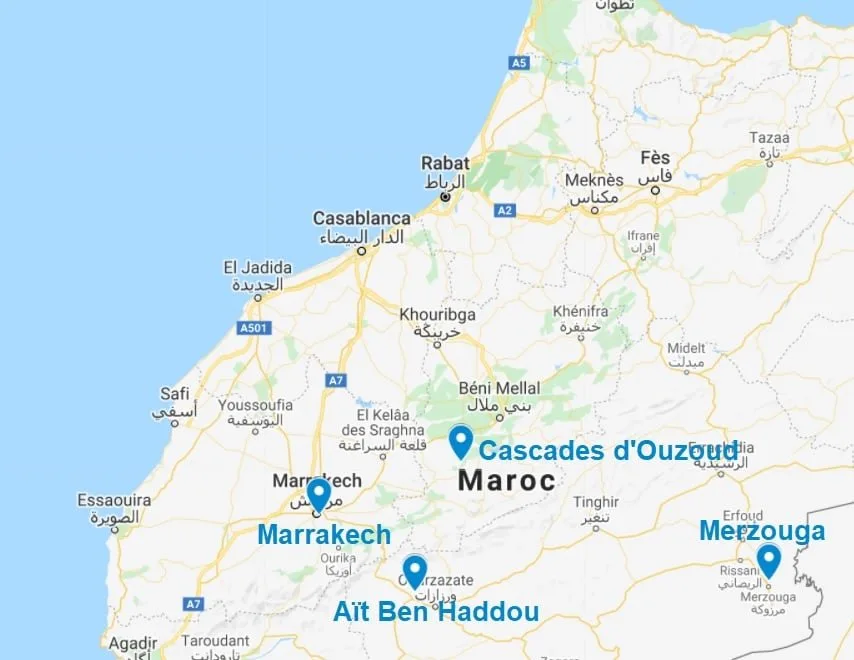 Carte des points d'intérêt au sud du Maroc, en excursion au départ de Marrakech