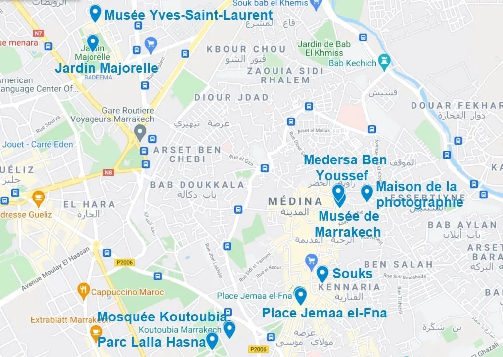 Carte de points d'intérêt pour visiter Marrakech